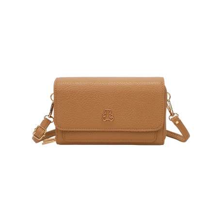 Sac à bandoulière camel uni avec une fermeture à rabat et des poches zippées
