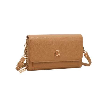 Sac à bandoulière camel uni avec une fermeture à rabat et des poches zippées - Image 2