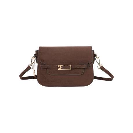 Sac à bandoulière taupe uni avec une fermeture à rabat et une boucle dorée