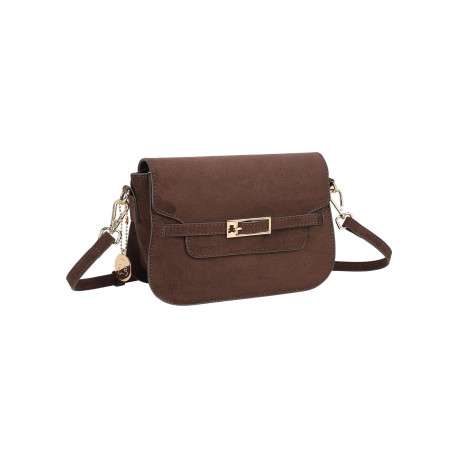 Sac à bandoulière taupe uni avec une fermeture à rabat et une boucle dorée - Image 2