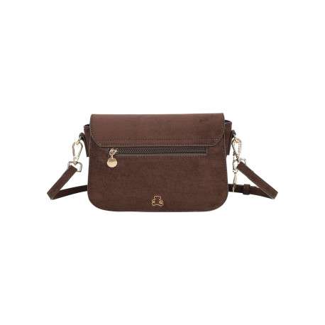 Sac à bandoulière taupe uni avec une fermeture à rabat et une boucle dorée - Image 3