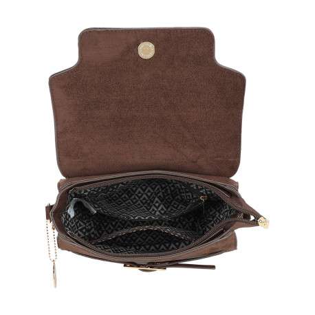 Sac à bandoulière taupe uni avec une fermeture à rabat et une boucle dorée - Image 4