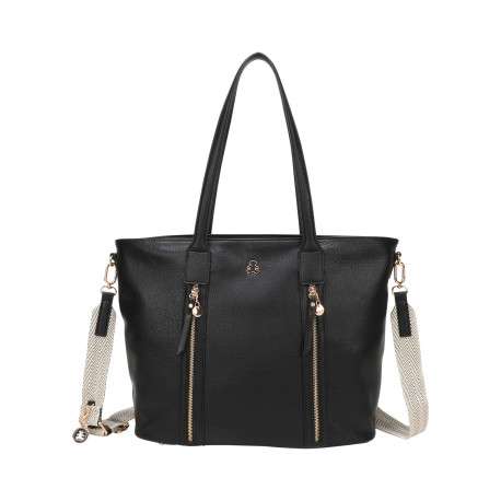 Sac à bandoulière noir uni avec des zips décoratifs dorés sur l’avant