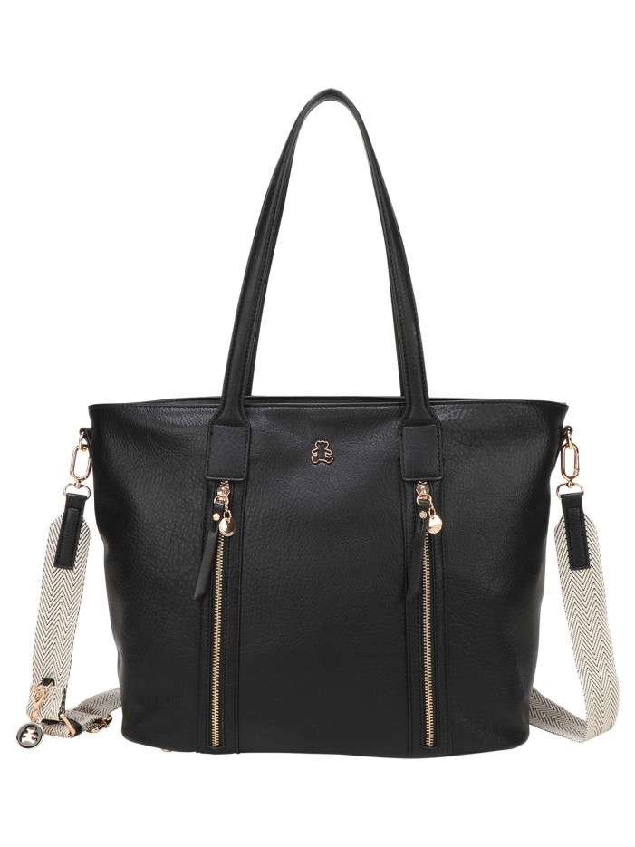 Sac à bandoulière noir uni avec des zips décoratifs dorés sur l’avant