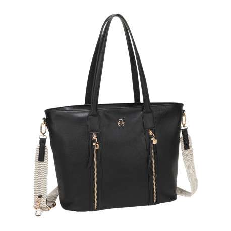 Sac à bandoulière noir uni avec des zips décoratifs dorés sur l’avant - Image 2