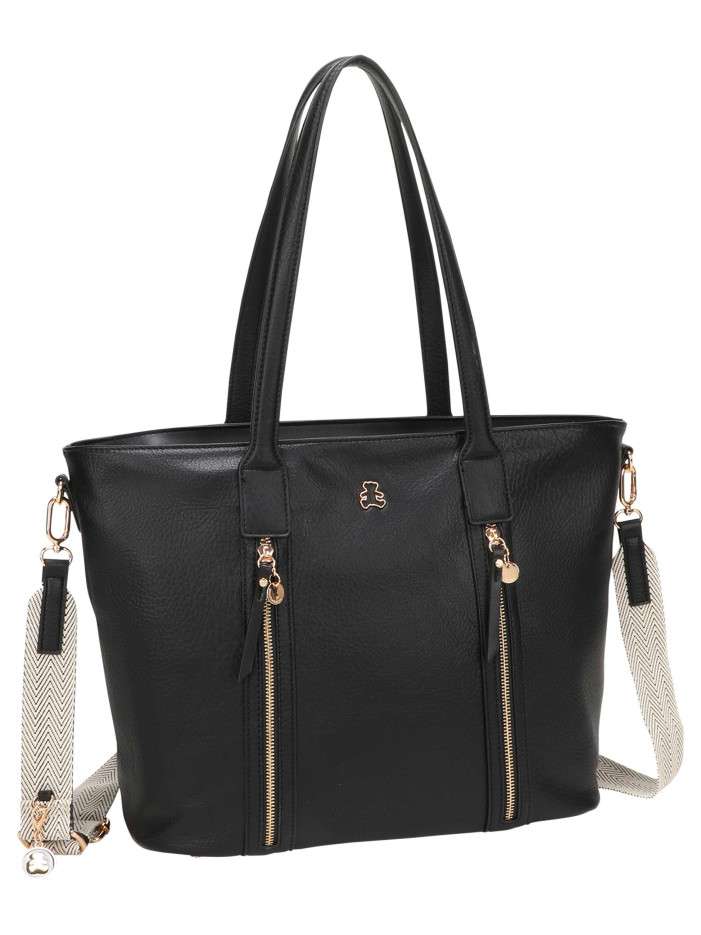 Sac à bandoulière noir uni avec des zips décoratifs dorés sur l’avant - Image 2
