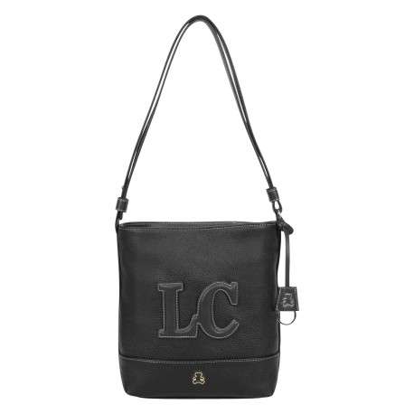 Sac bandoulière noir uni avec un logo en relief brodé à l’avant