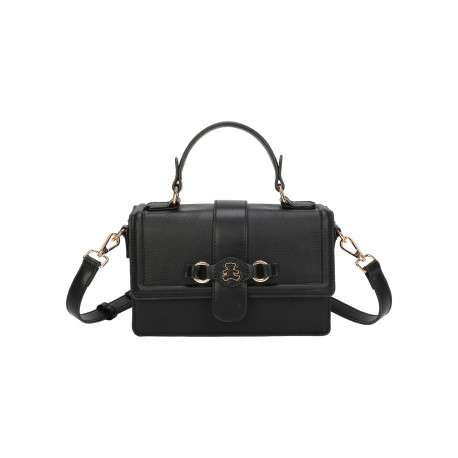 Sac à main porté main noir uni avec une fermeture à rabat et des poches zippées