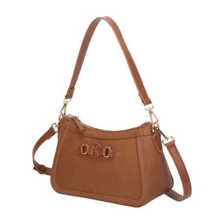Sac porté épaule chocolat uni avec une grande anse et une bandoulière amovible - Image 2