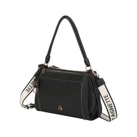 Sac porté épaule noir uni avec une fermeture zippée et un logo à l'avant - Image 2