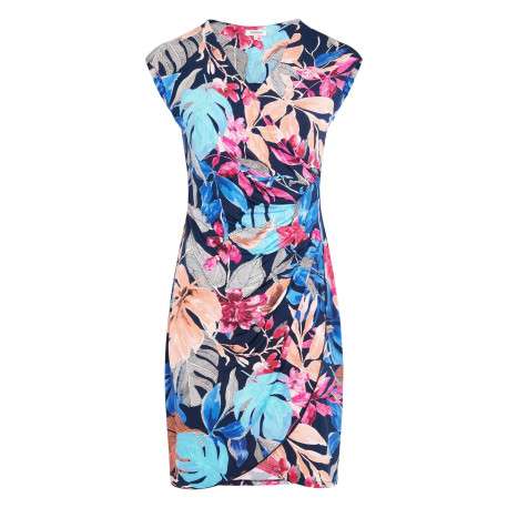 Robe courte multicolore coupe cintrée sans manche pourvue d'un col v