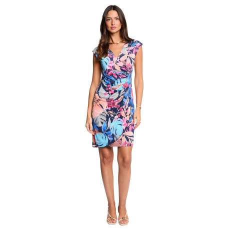 Robe courte multicolore coupe cintrée sans manche pourvue d'un col v - Image 3