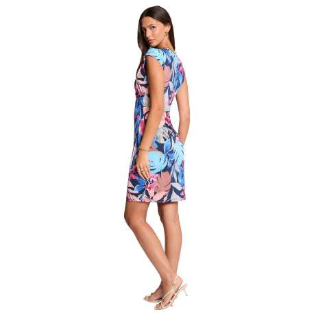Robe courte multicolore coupe cintrée sans manche pourvue d'un col v - Image 4