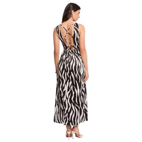 Robe longue noire et blanche à coupe droite ornée d'un motif animalier - Image 4