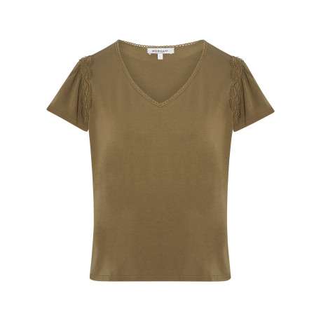T-shirt kaki à coupe droite pourvu d'un col v et de manches courtes