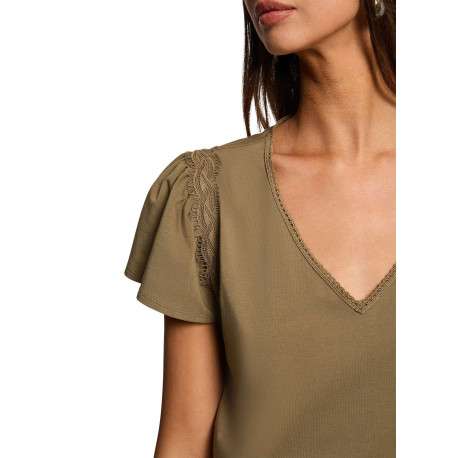 T-shirt kaki à coupe droite pourvu d'un col v et de manches courtes - Image 6