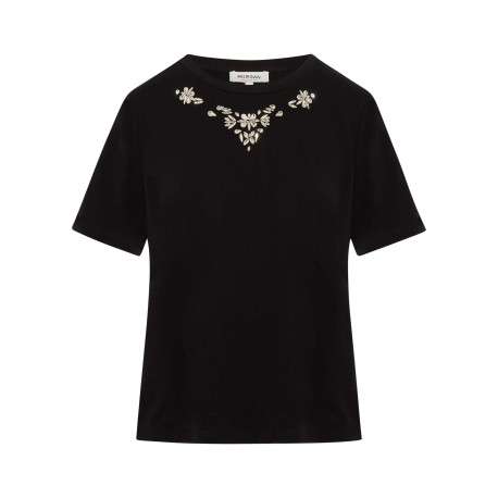T-shirt en coton noir à coupe droite pourvu d'un col rond et de manches courtes