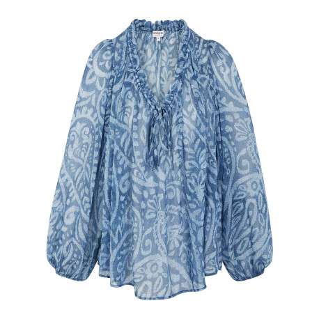 Blouse bleue à coupe ample pourvu d'un col v et de manches longues