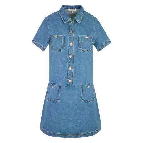 Robe courte en coton bleue à coupe droite pourvue d'un col chemise