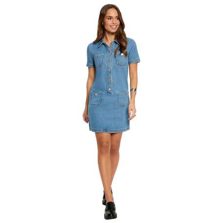 Robe courte en coton bleue à coupe droite pourvue d'un col chemise - Image 3