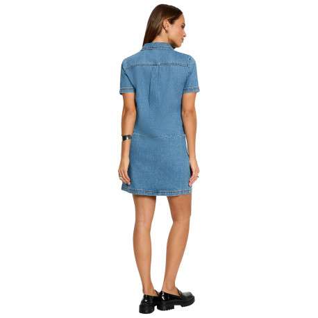 Robe courte en coton bleue à coupe droite pourvue d'un col chemise - Image 4
