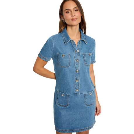 Robe courte en coton bleue à coupe droite pourvue d'un col chemise - Image 5