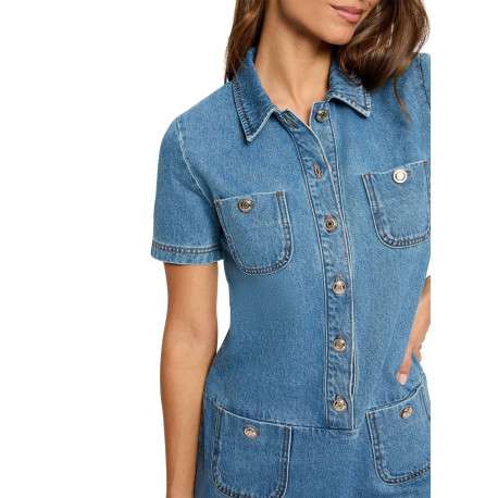 Robe courte en coton bleue à coupe droite pourvue d'un col chemise - Image 6