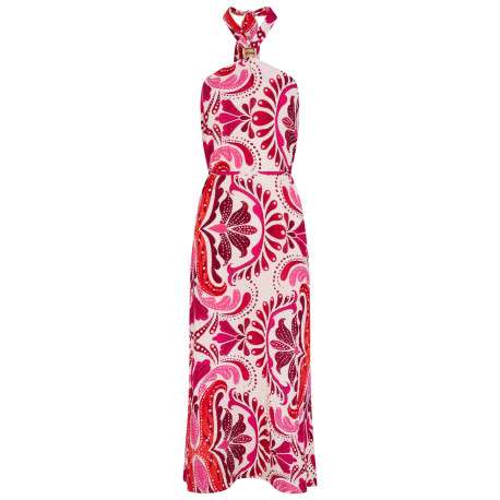 Robe longue rose sans manche à coupe droite pourvue de liens à nouer