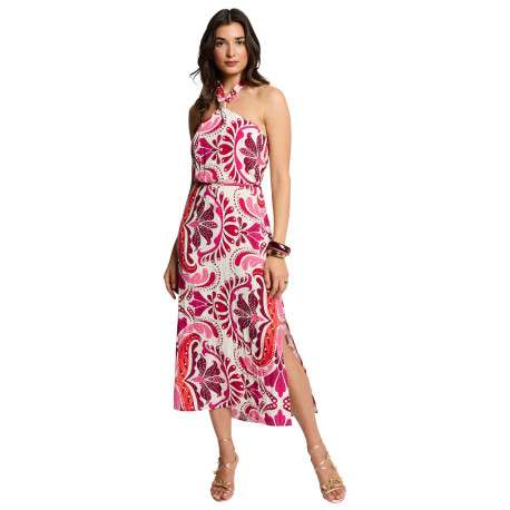 Robe longue rose sans manche à coupe droite pourvue de liens à nouer - Image 3