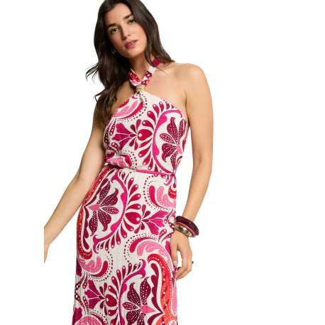 Robe longue rose sans manche à coupe droite pourvue de liens à nouer - Image 5