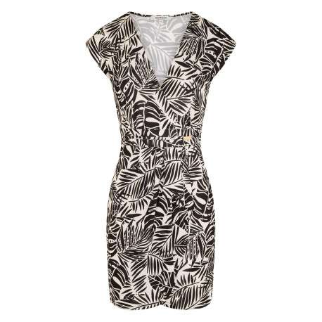 Robe courte noire et blanche pourvue d'un col v croisé et de manches courtes
