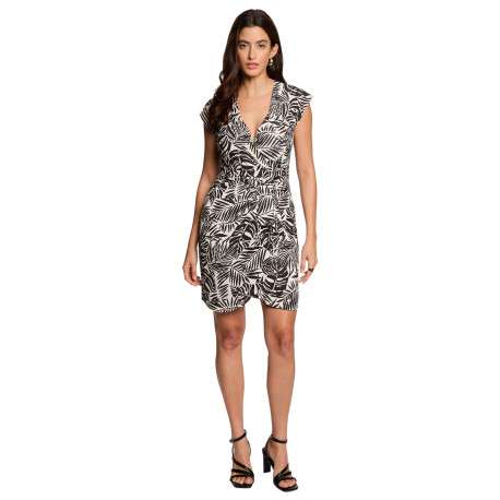 Robe courte noire et blanche pourvue d'un col v croisé et de manches courtes - Image 3