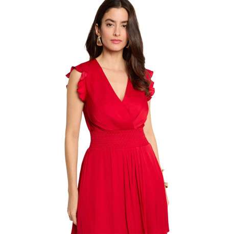 Robe courte rouge coupe cintrée pourvue d'un col v croisé effet drapé - Image 5