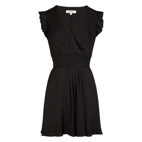 Robe courte noire coupe cintrée pourvue d'un col v croisé effet drapé