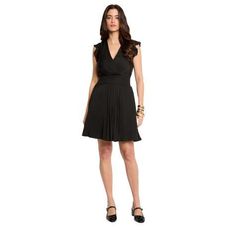 Robe courte noire coupe cintrée pourvue d'un col v croisé effet drapé - Image 3