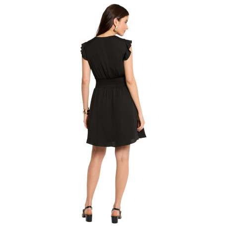 Robe courte noire coupe cintrée pourvue d'un col v croisé effet drapé - Image 4