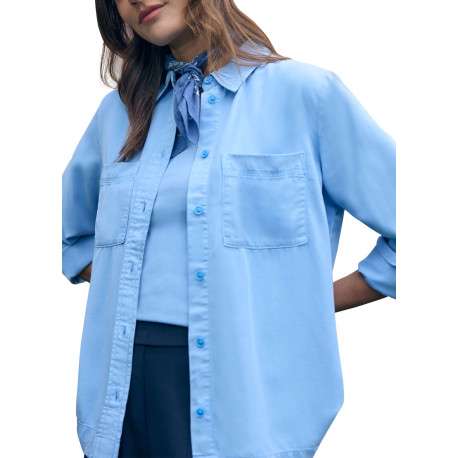 Chemisier en coton bleu uni pourvu d'une coupe droite et d'un col français - Image 2