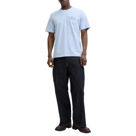T-shirt en coton bleu ciel imprimé avec une coupe droite et un col rond - Image 3