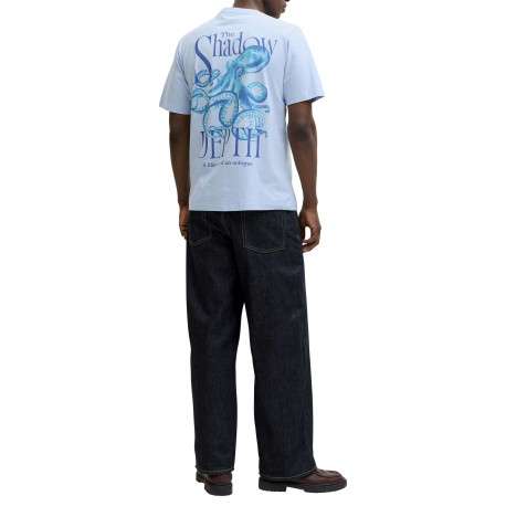T-shirt en coton bleu ciel imprimé avec une coupe droite et un col rond - Image 4