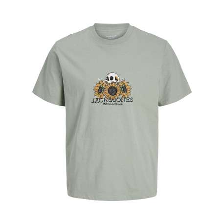 T-shirt en coton biologique kaki imprimé avec une coupe droite et un col rond