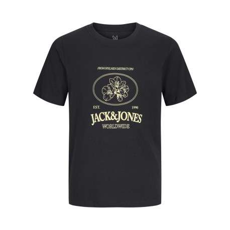 T-shirt en coton biologique noir imprimé avec une coupe droite et un col rond