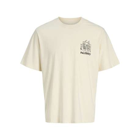 T-shirt en coton biologique beige imprimé avec une coupe droite et un col rond