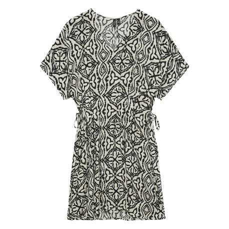 Robe courte écrue à motifs avec un col V et des manches courtes