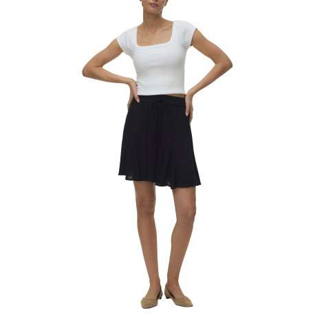 Jupe courte noire unie avec un lien à nouer et une taille élastiquée - Image 3