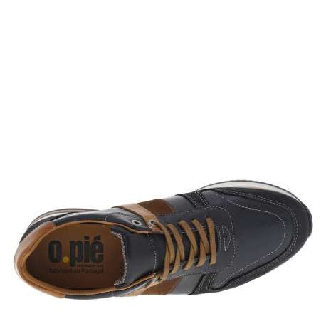 Sneakers en cuir marine et camel avec des surpiqûres grises à semelle plate - Image 4