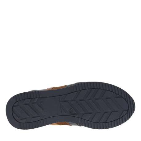 Sneakers en cuir marine et camel avec des surpiqûres grises à semelle plate - Image 5