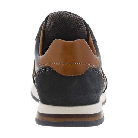Sneakers en cuir marine et camel avec des surpiqûres grises à semelle plate - Image 6