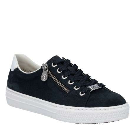 Tennis en cuir bleu marine à talon plat avec un zip et des lacets plats - Image 3