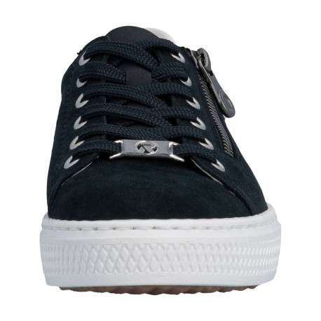 Tennis en cuir bleu marine à talon plat avec un zip et des lacets plats - Image 7