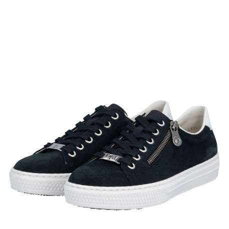 Tennis en cuir bleu marine à talon plat avec un zip et des lacets plats - Image 8
